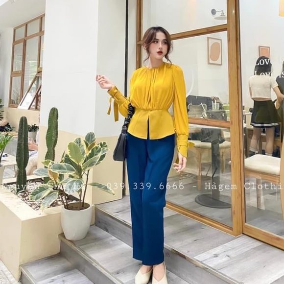 Blue Satin Ruffled Shirt Pants Office Two Piece Set main image 1